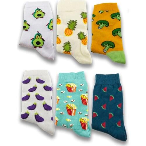 Unisex Graphic Socks Vegetable And Fruit Patterned Concept Wooden Box 6 Pieces Cotton Men Women Socks Set For Gift Colourful