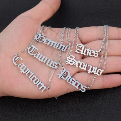 Bulk A Dozen Old English Zodiac Sign 12 Constellation Pendant Necklace Femme Charm Choker Necklace for Women Birthday Jewelry