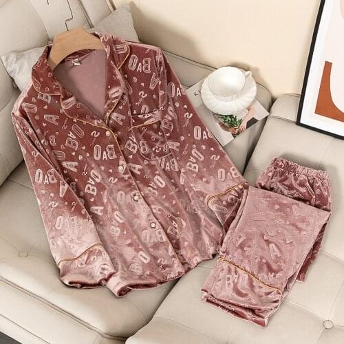 Pajamas for Women Velvet Set Full Sleeve Shirt&pant Spring Autumn Letter Sleepwear Loose Nightwear Velour Sleep Set