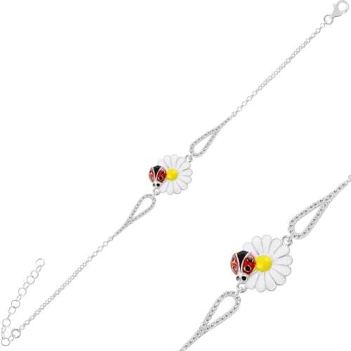 Silver 925 Sterling Enamel Daisy & Ladybug Zircon Cubic Zirconia Bracelet