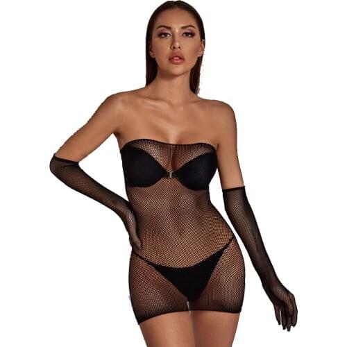 Sexy Womens Fishnet Tight One-piece Dress Tight Tops Hollow Perspective Strapless Sexy Lingerie Temptation Appealing Sleeves