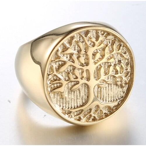Ethnic Style Light Yellow Gold Color Stainless Steel Tree of Life Finger Ring for Party Gift Jewelry
