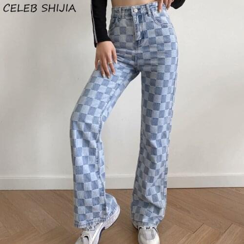 Plaid Vintage Straight Jeans Woman Denim Korean Streetwear Loose Wide Leg Pants Woman 2021 Blue Y2k Baggy Jeans Mom