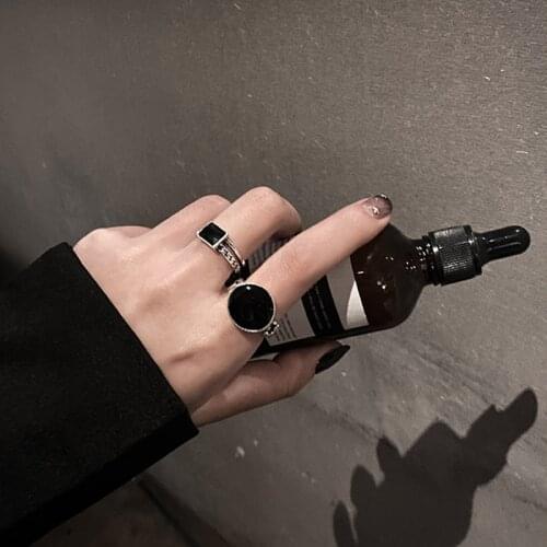Vintage Silver Color Metal Punk Black Open Rings Design Finger Rings set for Women men Party Jewelry Gifts