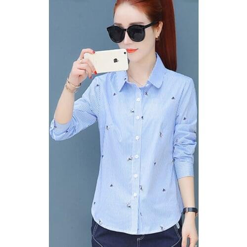 New female blouse Casual blue white shirt autumn winter cool long sleeve turn down collar blouse women tops blusas df2253