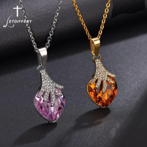 Letdiffery Bling Strawberry Pink Crystal Pendant Necklace Stainless Steel Cute Women Necklaces for Girls Women Birthday Gifts