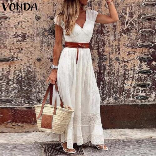 Women Lace Long Maxi Dress 2021 VONDA Casual Shorts Sleeve Ruffled High Waist Party Dress Holiday Beach Vestidos Plus Size Robe