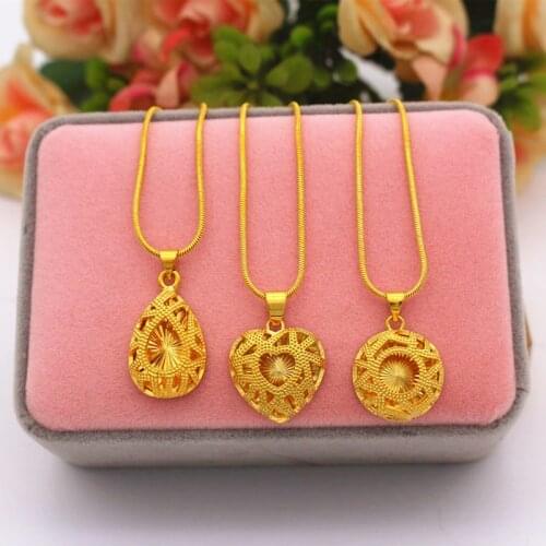 Pure Gold Color hollow heart / waterdrop / round Shape Pendant Necklace for women / Girls,24K Gold Filled Fashion women Jewelry