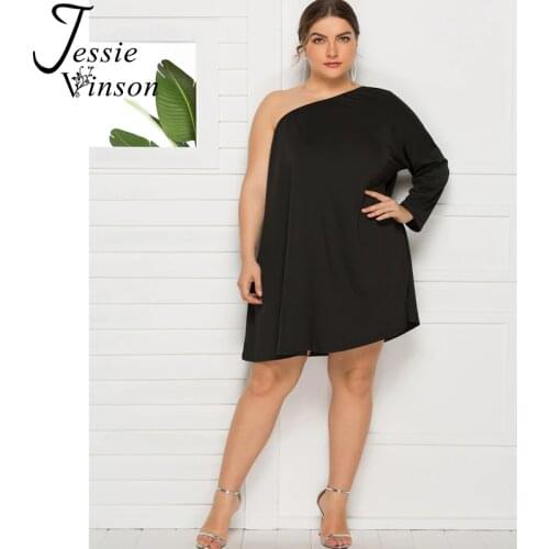 Jessie Vinson One Shoulder Long Sleeve Black Loose Dress Plus Size Women 3XL 4XL Casual Beach Cover up Dress Summer Sundresses