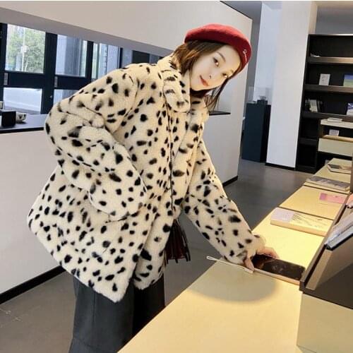 Winter Turn Down Collar Hairy Shaggy Leopard Fur Jacket Long Sleeve Furry Fur Women Short Section Outerwear Fake Fur Coat K1386