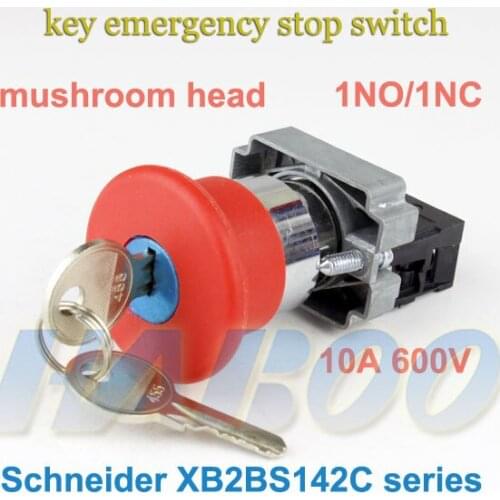 1pcs packing shipping free dia.22mm mushroom head emergency stop switch with key 1NO/1NC IP40 key push button switch 10A600V