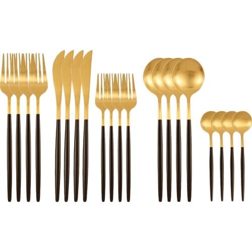 20Pcs/Set Matte Black Gold Dinnerware Set 18/10 Stainless Steel Cutlery Set Knife Fork Spoon Silverware Kitchen Tableware Set