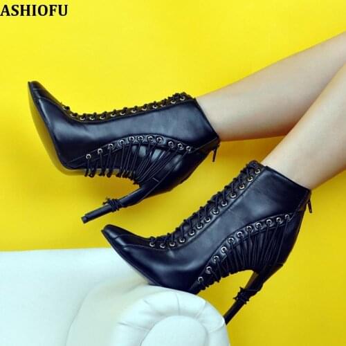 ASHIOFU Handmade New Ladies Ankle Boots Crosscriss Shoelace Party Prom High Heel Boots Evening Fashion Short Boots Shoes