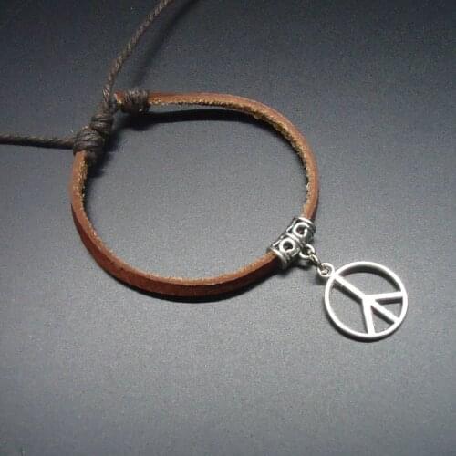 New Fashion Punk Vintage World Peace Charm Genuine Leather Bracelets for Women Femme Homme Men Jewelry Accessories Wholesale