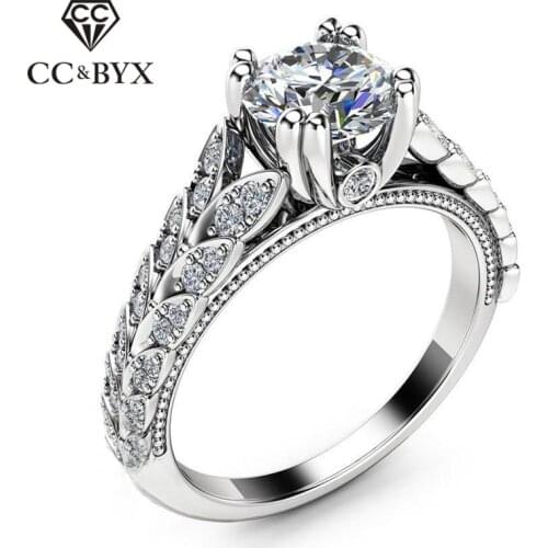 CC Vintage Rings For Women Leaves Cubic Zirconia Round Stone Bridal Jewelry Wedding Engagement Elegant Ring Bijouteire CC2089