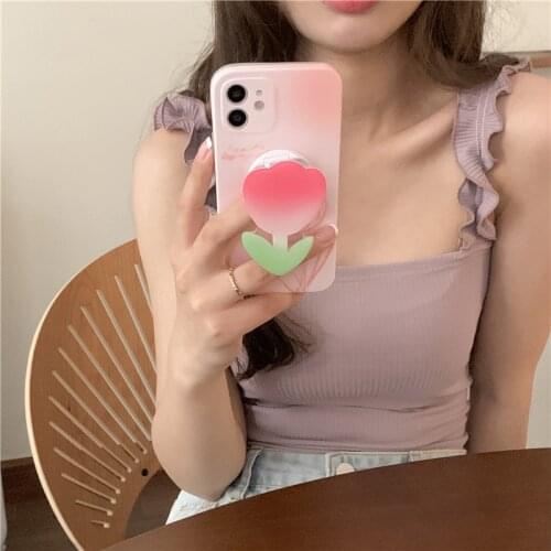 3D Pink Flower Bracket Phone Case For iphone 11 12 Pro Max X XR XS Max SE2020 7 8 Plus Tulip Grip Stand Holder Soft Cover Fundas