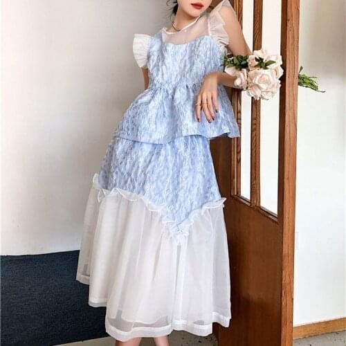 Elegant Patchwork Sky Blue Dress Sets Japanese Kawaii Lady Two Piece Suits Matching Outfit 2021Summer New Korean Fashion Clothes