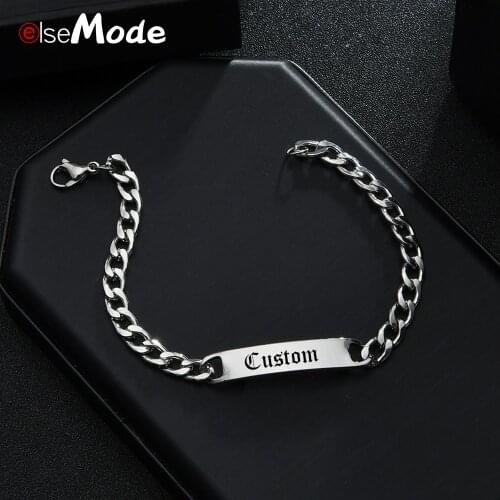 ELSEMODE Punk Stainless Steel Engraved Name Bar Bracelets For Men Women Couple Customized Jewelry Anniversary Gift
