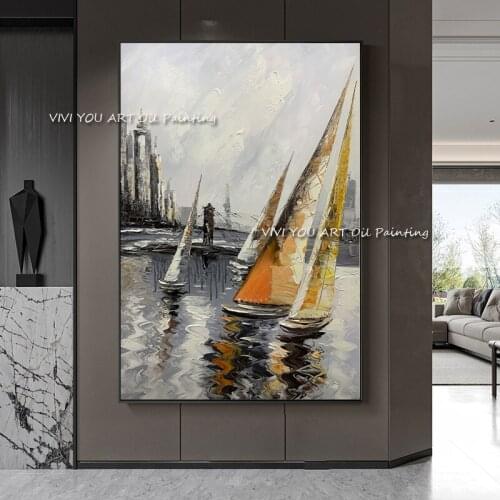 The Seaspace View River Hand Painted Oil Paintings on Canvas Abstract Painting Wall Picture for Home Decor Art Sea Yellow Ship