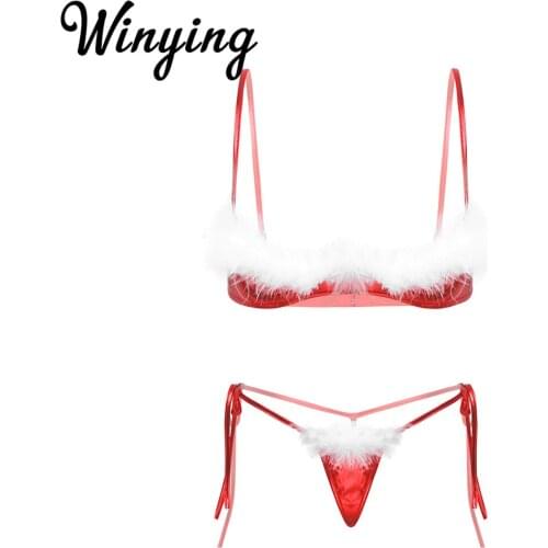 Women Shiny Christmas Sexy Lingerie Set White Feather Underwired Open Cups Bra with Tanga G-string Xmas Santa Erotic Underwear