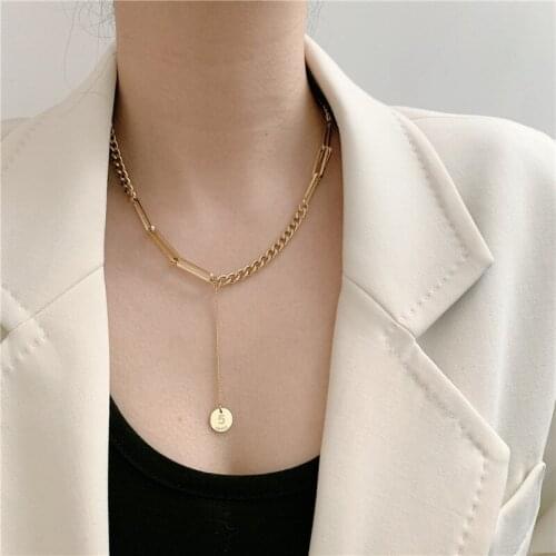 TIMEONLY Creative Hollow Coin Pendant Neckalces for Women Girls Hip Hop Titanium Steel Neckalces Punk Splicing Party Jewelry