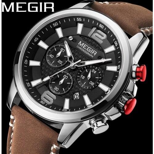 MEGIR New Watch Men Waterproof Chronograph Military Male Clock Top Brand Luxury Brown Leather Business Man Sport Wristwatch 2156