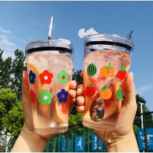 Cute Glass Cup With Lids кружки Water Juice Coffee Transparent Espresso Cup For Coffee Creative Transparent Graffiti Glass