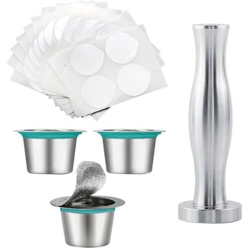 Stainless Steel Refillable Coffee Filter Coffee Capsules Pod Coffee Powder Hammer w/ Cover Brush & Spoon Household