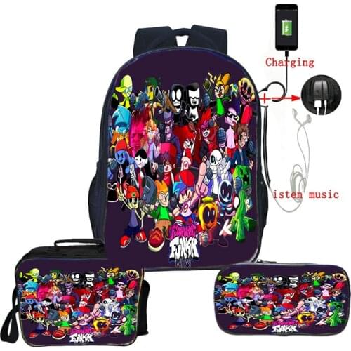 3 Pcs Set Friday Night Funkin Backpack USB Charge School Bags for Teens Pen Bags Bookbags Girls Boys Laptop Knapsack Lunch Box