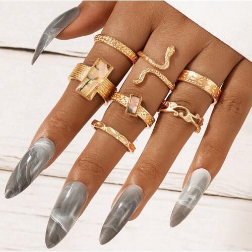 Tocona 7pcs/sets New Snake Gold Ring Sets for Women Men Luxury Crystal Stone Geometry Party Jewelry Accessories кольца 19770