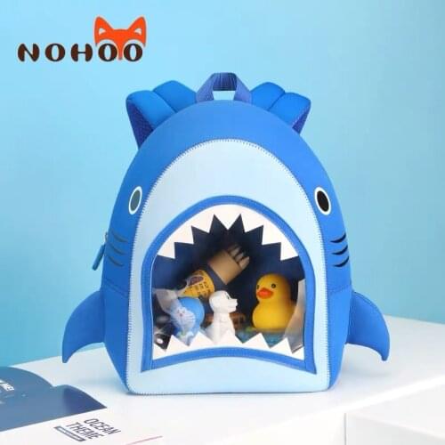 NOHOO School backpack boy Cartoon 3D shark blue childrens bag waterproof Neoprene Light weight kindergarten School bag for kids