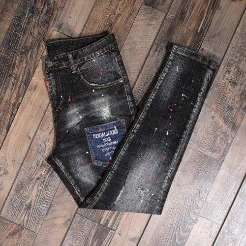 2021 New Fashion Men Jeans Italian Style Vintage Designer Painted Ripped Jeans Streetwear Elastic Slim Fit Hip Hop Long Pants