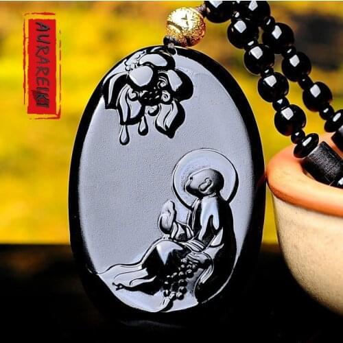 AURAREIKI Obsidian Bodhidharma Necklace Pendant Pearl Necklace Buddhism Amulet Jewelry Obsidian Lucky Pendant Men Women Jewelry