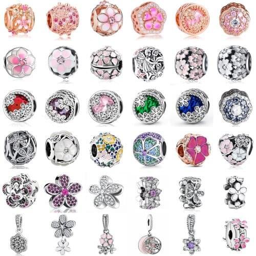 Hot Sale Genuine 100% 925 Sterling Silver Pendant Lucky Charm Cherry Blossom CZ Beads Fit Original Bracelet Necklace DIY Jewelry