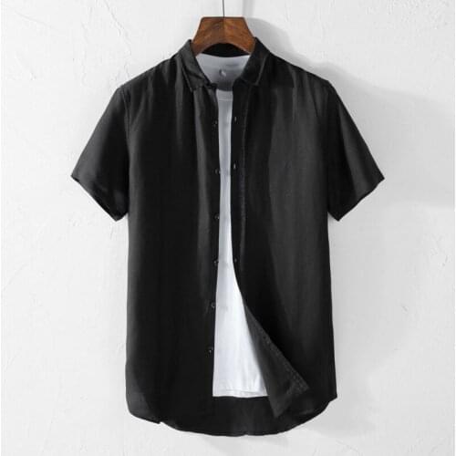 Men Summer Black Linen Shirt Casual Button Up Short Sleeve Slim Fit Cotton Linen Shirt Plus Size Mens Social Collar Dress Shirts