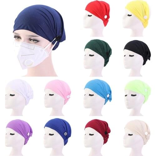 2020 NEW Elastic With Button Hat Women Turban Hat Hijab Cap Solid Nightcap Nurse Hat Femme Soft Cotton Headscarf