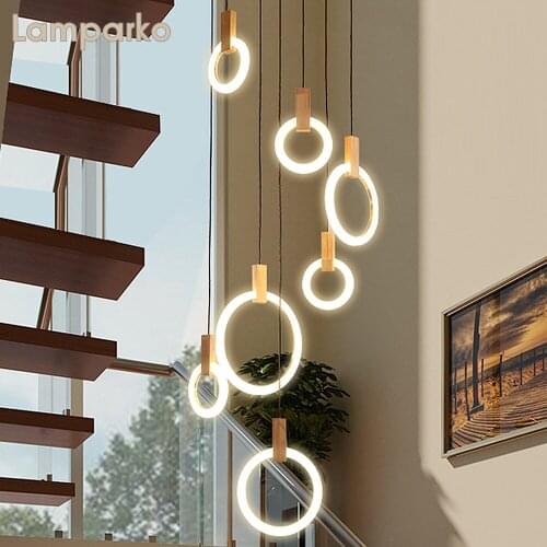 Modern Rings Chandelier Lighting LED Nordic Wood Pendant Suspension Lamp Interior Home Light Fixture Kitchen Island Bedside Loft