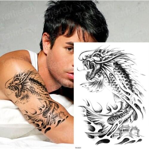 Temporary tattoos for men sketches tattoo designs arm sleeve pattern tattoo dragon fish black body tattoo sticker waterproof big