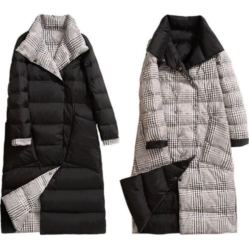 2019 New Double Sides Women Down Long Jacket Winter Slim Lapel Turtleneck White Duck Down Coat Double Breasted Warm Plaid Parkas
