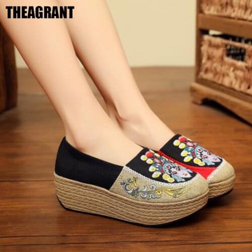 THEAGRANT Platform Women Shoes Chinese Vintage Sneakers Big Size 40 Embroidered Slip on Canvas Wedge Shoes for Women WSN3022