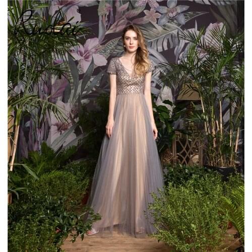 60386 In Stock Women Heavy Beadings with Sequins A-line Tulle for Formal Prom Party Evening Dress Long Gown Dresses 2019