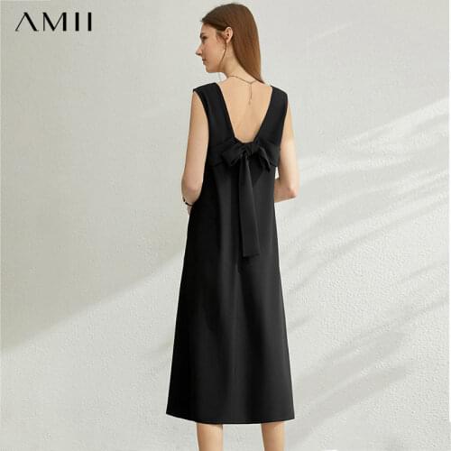 Amii Minimalism Summer Beach Dress Fashion Oneck Sleeveless High Waist Dresses Backless Bandage Vest Dresses Female 12170441