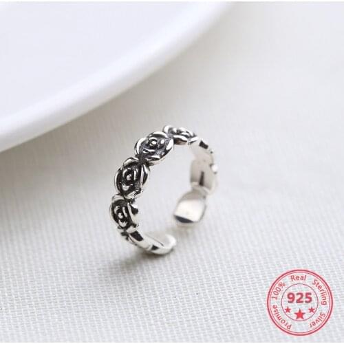 Korea Hot Style 925 Sterling Silver Simple Retro Vintage Rose Flower Open Ring Women Jewelry