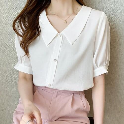 Blouse for Women 2021 White Short Sleeve Shirts Blusas Female Tops Solid Button Up Shirt Chiffon Elegant Fashion Korean Top 1135