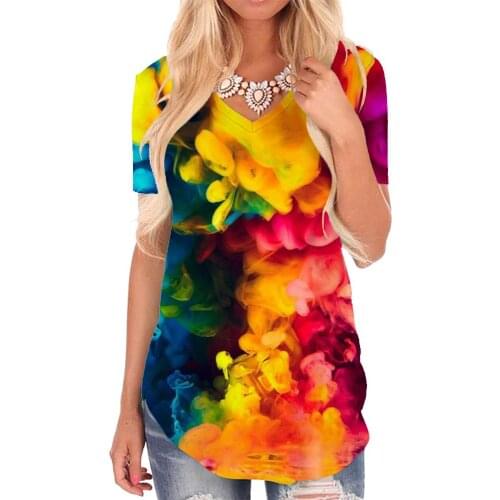 Giyu Brand Rainbow T Shirt Women Colorful Tshirts Printed Smoke Cloud V-neck Tshirt Psychedelic Funny T shirts Womens Clothing