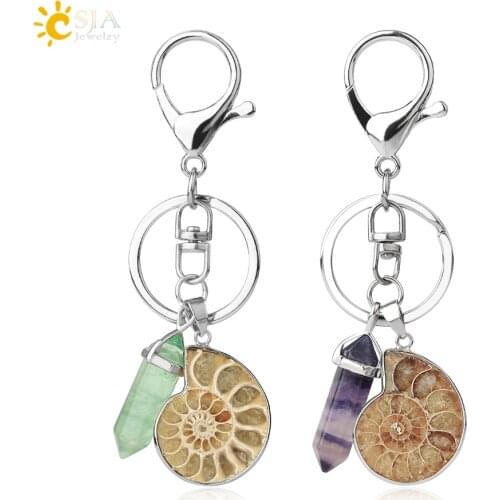 CSJA Motorcycle Car Keychains Natural Gem Stone Ammonite Shell Fluorite Reiki Pendant Keyring Door Bag Key Holder Trinket G366
