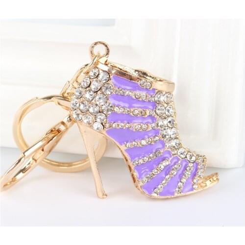 Purple High Heels Shoe Pendant Charm Rhinestone Crystal Purse Bag Keyring Key Chain Accessories Wedding Party Lover Gift