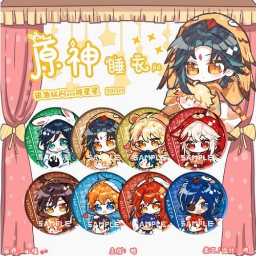 Hot Anime Tartaglia Genshin Impact Barbatos Keqing Zhongli Badge Souvenir Button Brooch Pin Medal Metal Q Version Pajamas Series