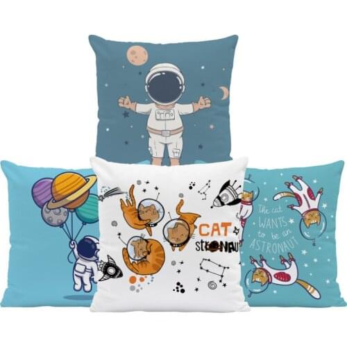 Creative Fun Cartoon Cushion Cover Astronaut Cat Planet Text Throw Pillowcase Decoration Living Room 45*45 Super Soft Pillowcase