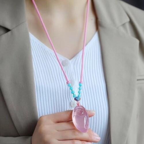 JoursNeige Pink Natural Crystal Pendant Fine Carved Laughing Buddha Pendant Necklace Women Girl Blessing Amulet Fashion Jewelry